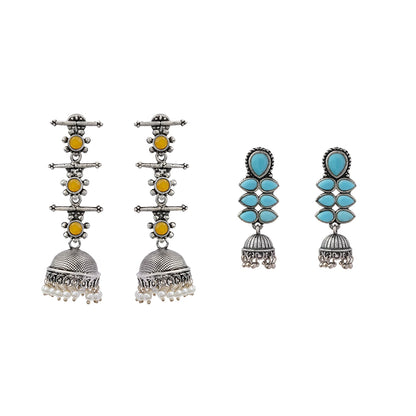 Royal Triple Bell Layered Jhumka Earring (Yellow) Dazzle Dash Jhumki earring (Sky Blue) Combo set
