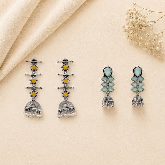 Royal Triple Bell Layered Jhumka Earring (Yellow) Dazzle Dash Jhumki earring (Mint) Combo set