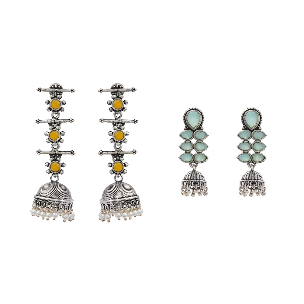 Royal Triple Bell Layered Jhumka Earring (Yellow) Dazzle Dash Jhumki earring (Mint) Combo set