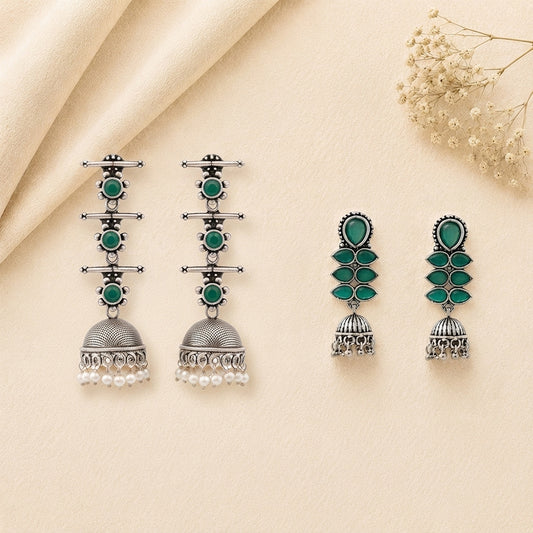 Royal Triple Bell Layered Earring (Green) Dazzle Dash Jhumki earring (Green) Combo set