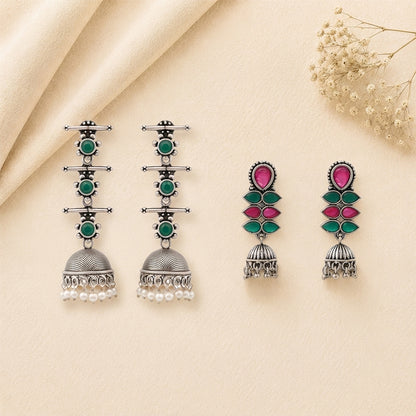 Royal Triple Bell Layered Earring (Green) Dazzle Dash Jhumki earring (Multicolored) Combo set