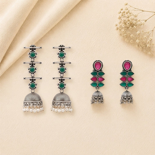 Royal Triple Bell Layered Earring (Green) Dazzle Dash Jhumki earring (Multicolored) Combo set