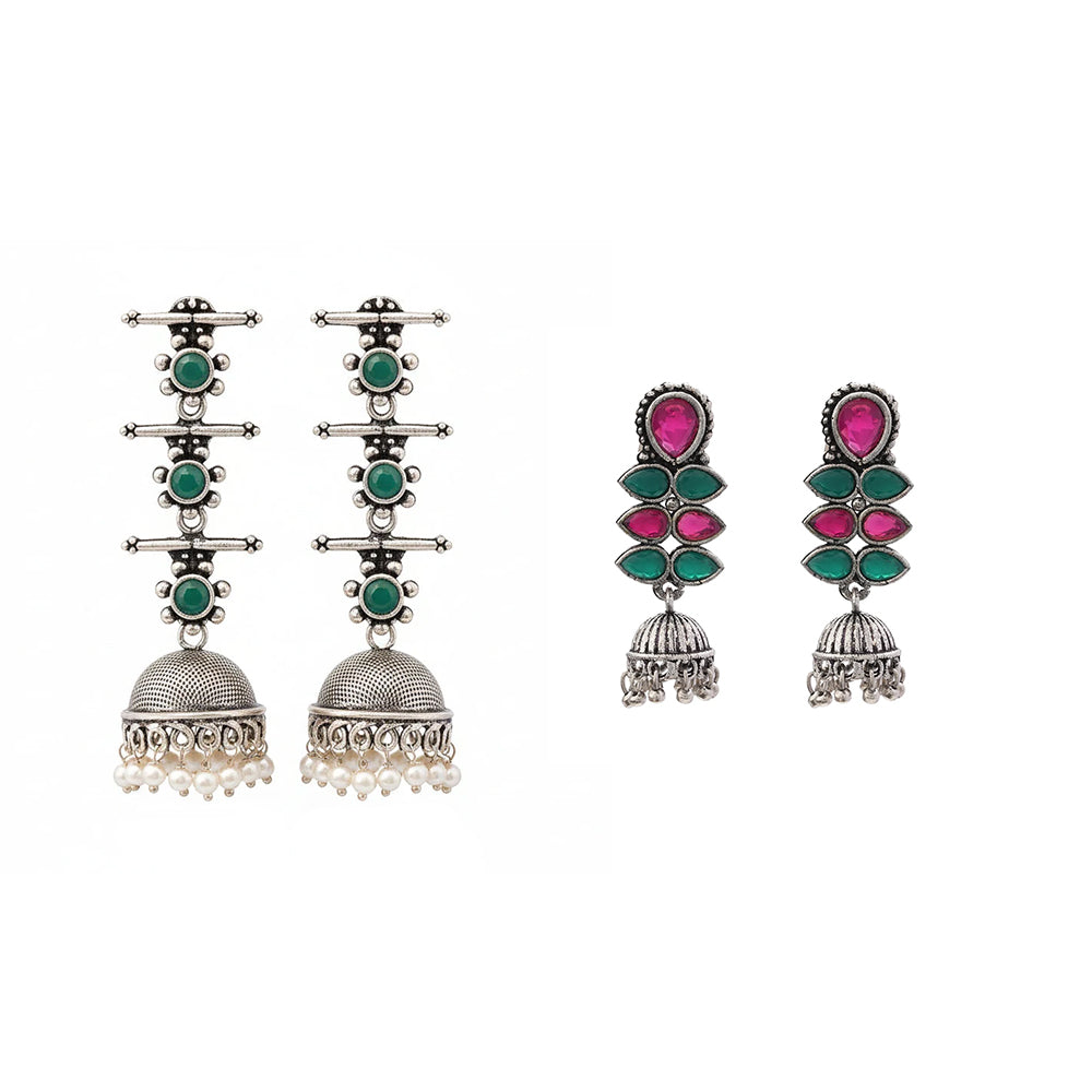 Royal Triple Bell Layered Earring (Green) Dazzle Dash Jhumki earring (Multicolored) Combo set