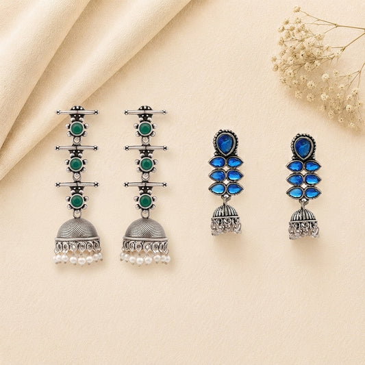 Royal Triple Bell Layered Earring (Green) Dazzle Dash Jhumki earring (Blue) Combo set