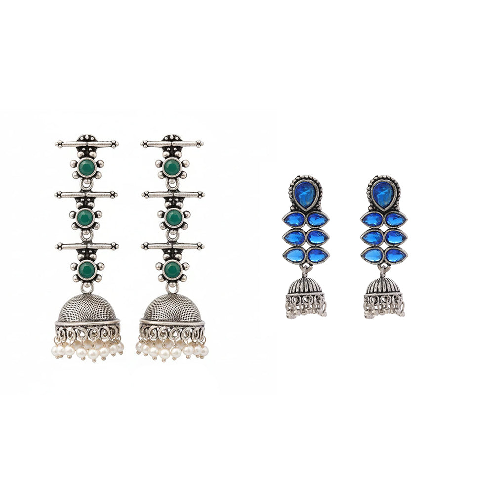 Royal Triple Bell Layered Earring (Green) Dazzle Dash Jhumki earring (Blue) Combo set