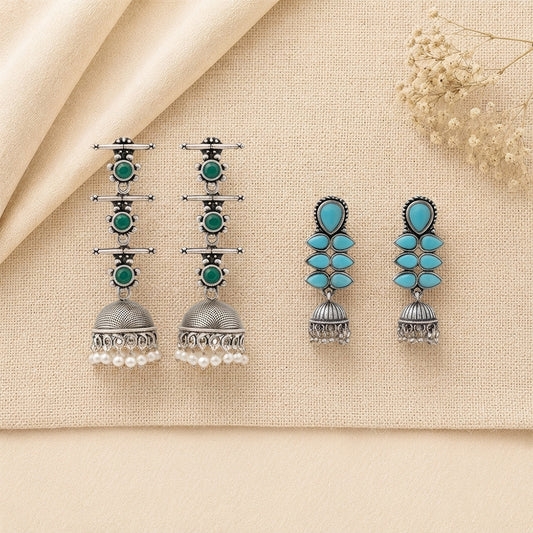 Royal Triple Bell Layered Earring (Green) Dazzle Dash Jhumki earring (Sky Blue) Combo set
