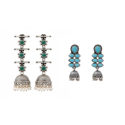 Royal Triple Bell Layered Earring (Green) Dazzle Dash Jhumki earring (Sky Blue) Combo set
