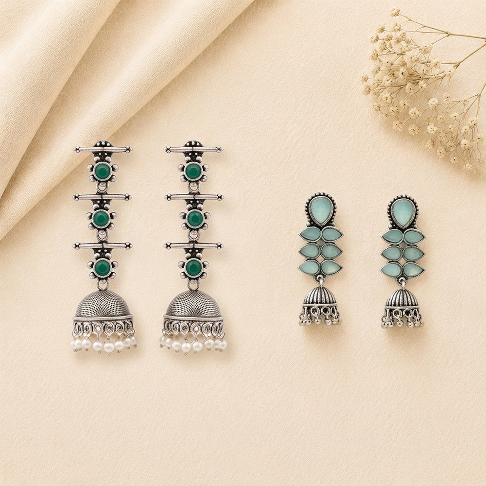 Royal Triple Bell Layered Earring (Green) Dazzle Dash Jhumki earring (Mint) Combo set