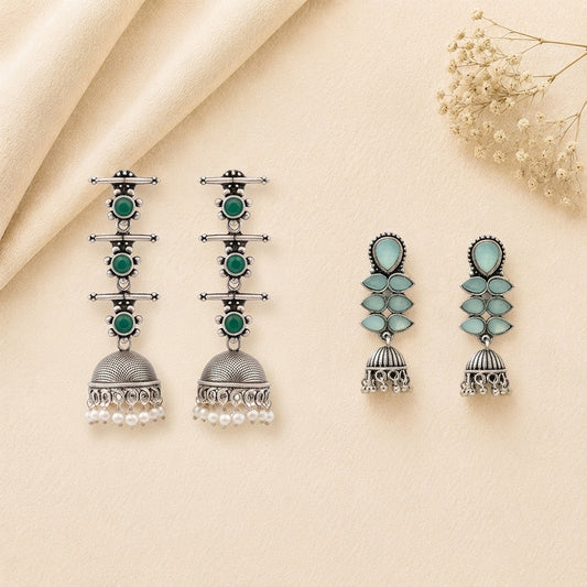 Royal Triple Bell Layered Earring (Green) Dazzle Dash Jhumki earring (Mint) Combo set
