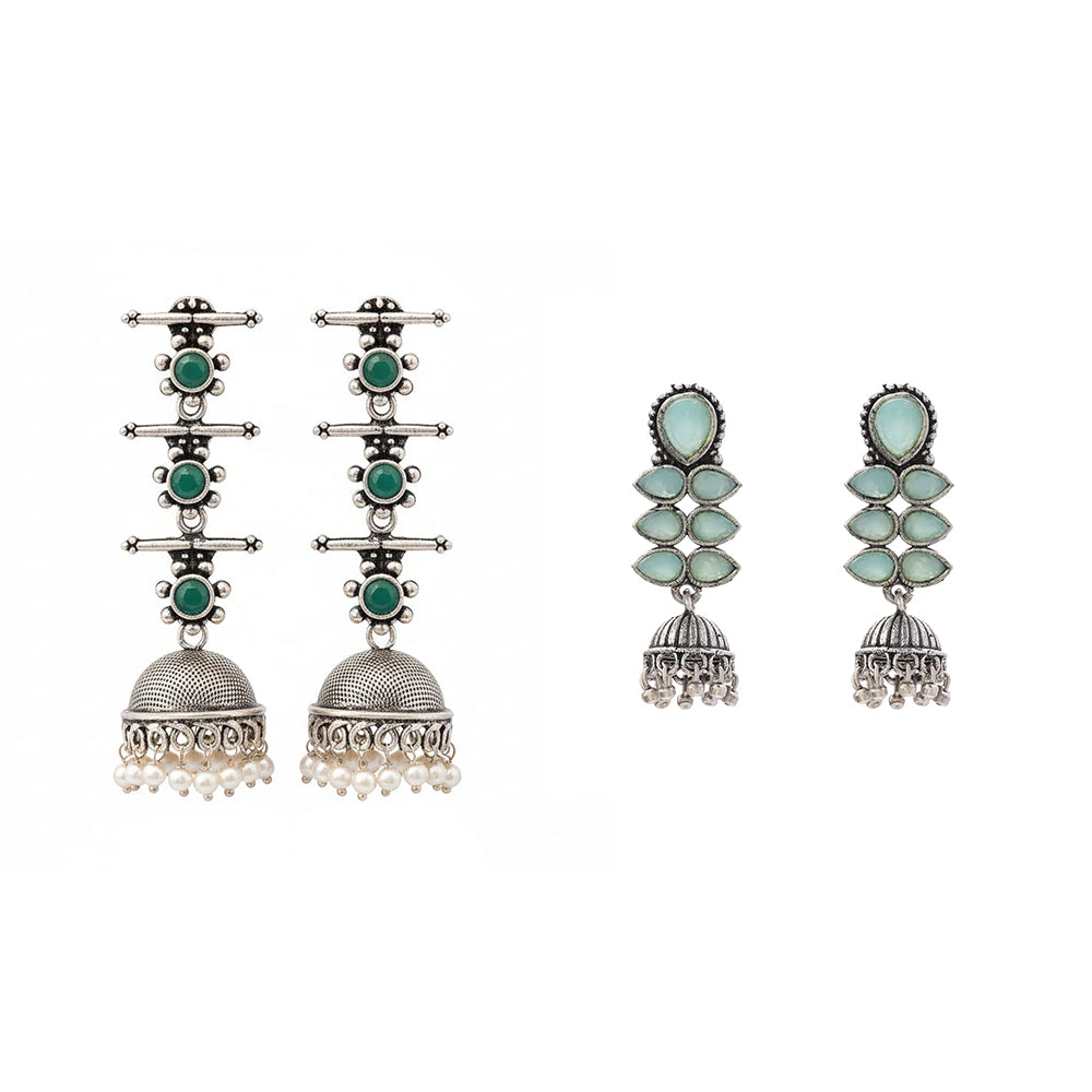 Royal Triple Bell Layered Earring (Green) Dazzle Dash Jhumki earring (Mint) Combo set
