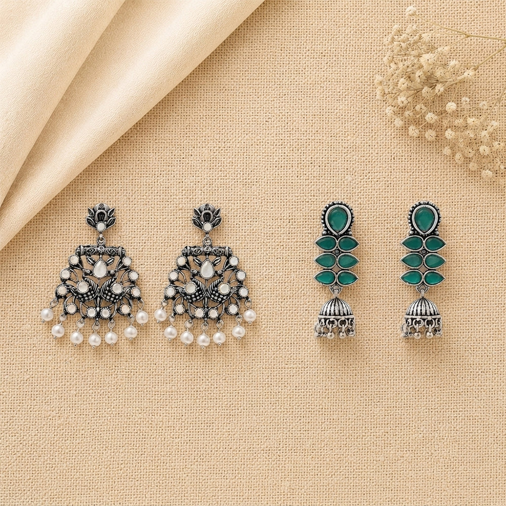 Peacock glow stone studded dangler earrings (White) Dazzle Dash Jhumki earring (Green) Combo set