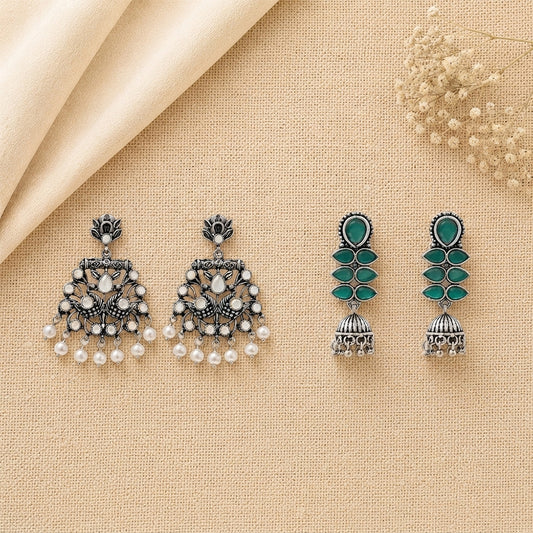 Peacock glow stone studded dangler earrings (White) Dazzle Dash Jhumki earring (Green) Combo set