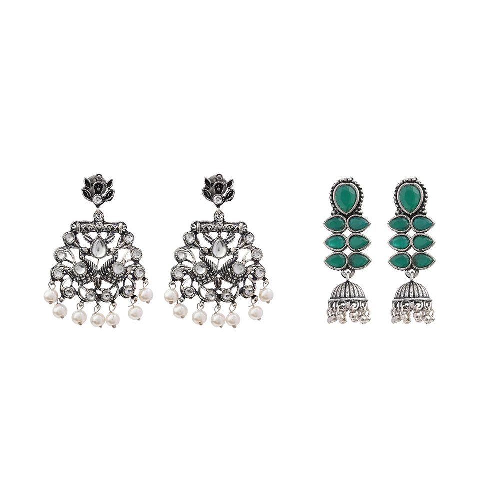 Peacock glow stone studded dangler earrings (White) Dazzle Dash Jhumki earring (Green) Combo set