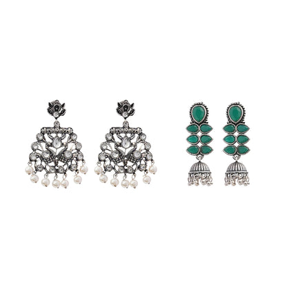 Peacock glow stone studded dangler earrings (White) Dazzle Dash Jhumki earring (Green) Combo set