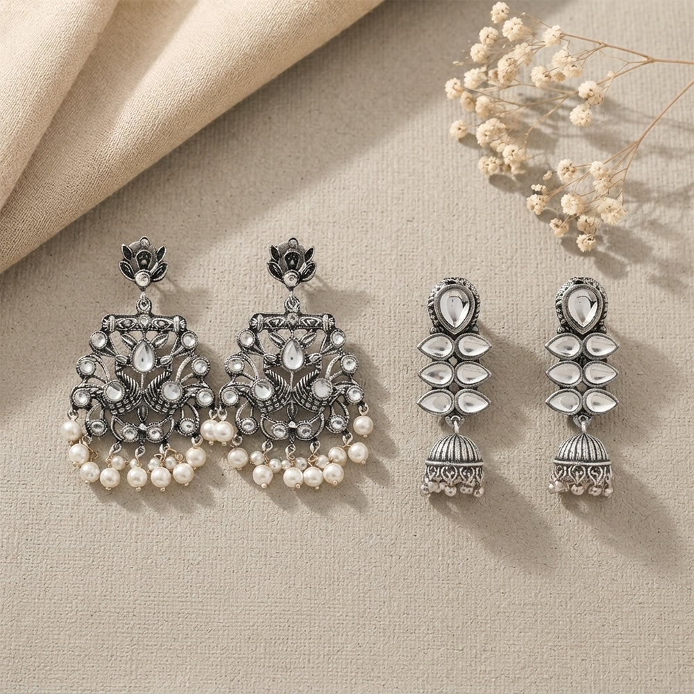 Peacock glow stone studded dangler earrings (White) Dazzle Dash Jhumki earring (White) Combo set