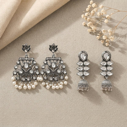 Peacock glow stone studded dangler earrings (White) Dazzle Dash Jhumki earring (White) Combo set