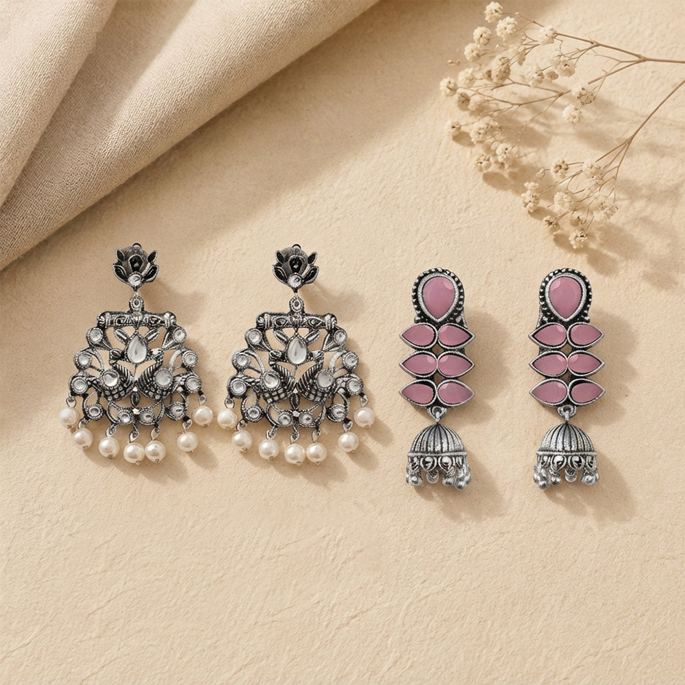 Peacock glow stone studded dangler earrings (White) Dazzle Dash Jhumki earring (Baby Pink) Combo set