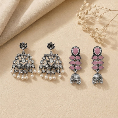 Peacock glow stone studded dangler earrings (White) Dazzle Dash Jhumki earring (Baby Pink) Combo set