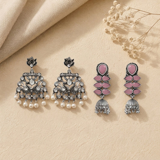 Peacock glow stone studded dangler earrings (White) Dazzle Dash Jhumki earring (Baby Pink) Combo set