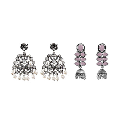 Peacock glow stone studded dangler earrings (White) Dazzle Dash Jhumki earring (Baby Pink) Combo set
