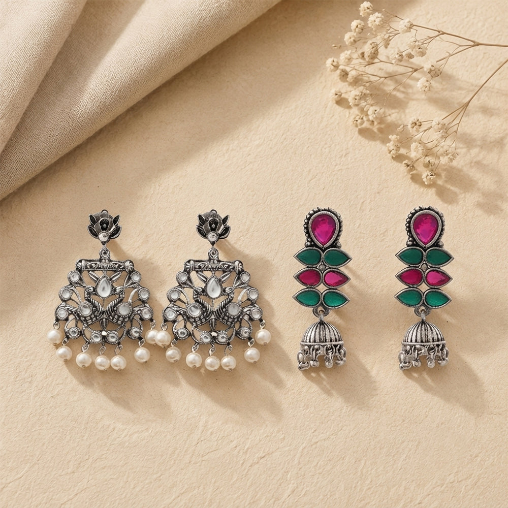 Peacock glow stone studded dangler earrings (White) Dazzle Dash Jhumki earring (Multicolored) Combo set