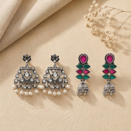 Peacock glow stone studded dangler earrings (White) Dazzle Dash Jhumki earring (Multicolored) Combo set