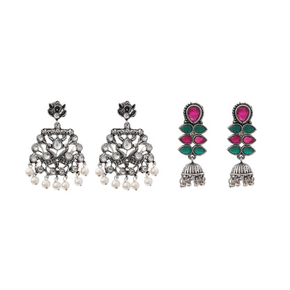 Peacock glow stone studded dangler earrings (White) Dazzle Dash Jhumki earring (Multicolored) Combo set