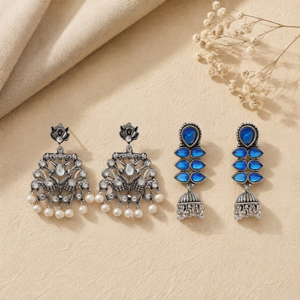Peacock glow stone studded dangler earrings (White) Dazzle Dash Jhumki earring (Blue) Combo set