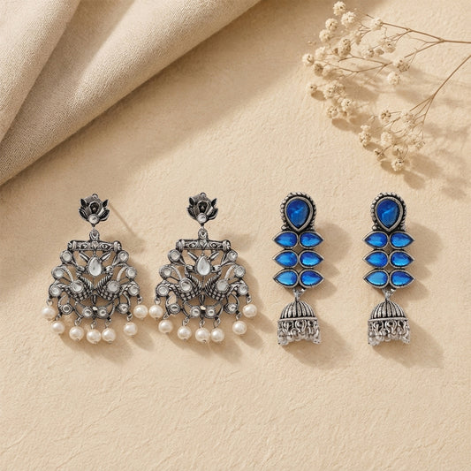 Peacock glow stone studded dangler earrings (White) Dazzle Dash Jhumki earring (Blue) Combo set