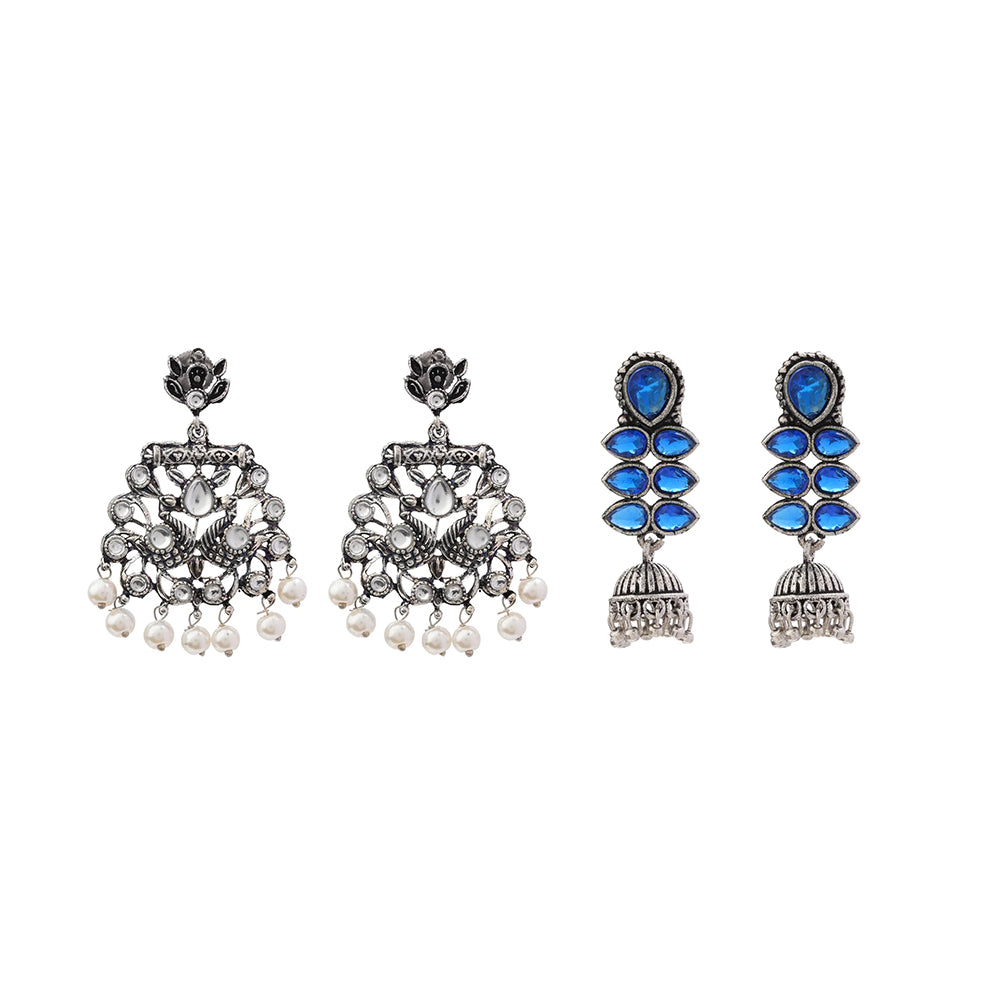 Peacock glow stone studded dangler earrings (White) Dazzle Dash Jhumki earring (Blue) Combo set