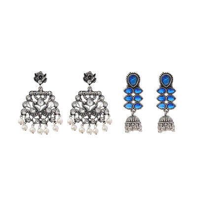Peacock glow stone studded dangler earrings (White) Dazzle Dash Jhumki earring (Blue) Combo set