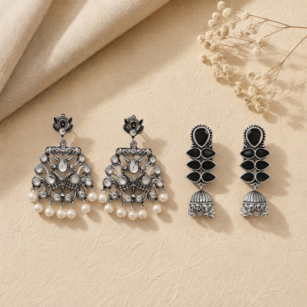 Peacock glow stone studded dangler earrings (White) Dazzle Dash Jhumki earring (Black) Combo set