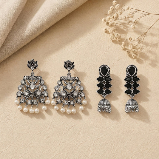 Peacock glow stone studded dangler earrings (White) Dazzle Dash Jhumki earring (Black) Combo set