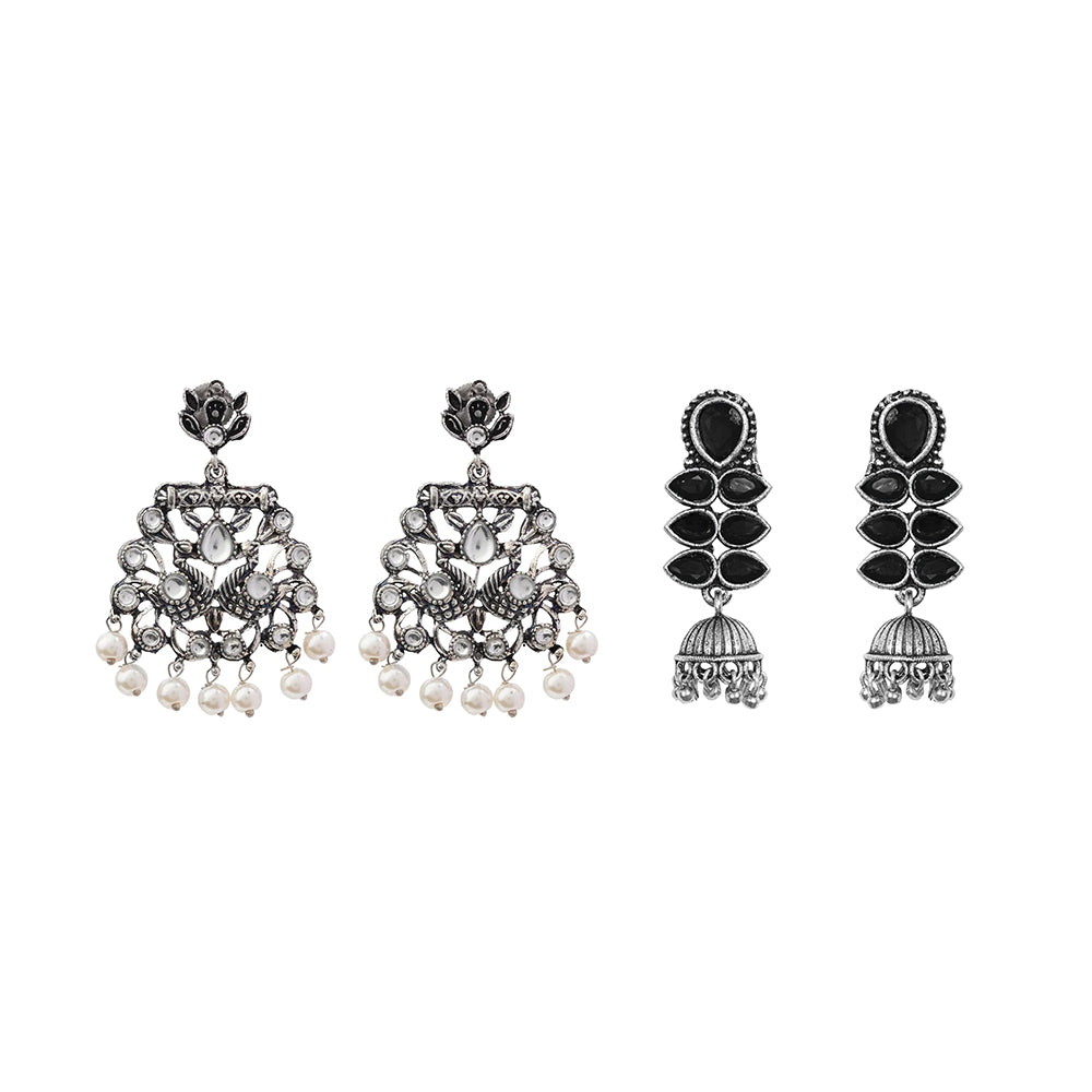 Peacock glow stone studded dangler earrings (White) Dazzle Dash Jhumki earring (Black) Combo set