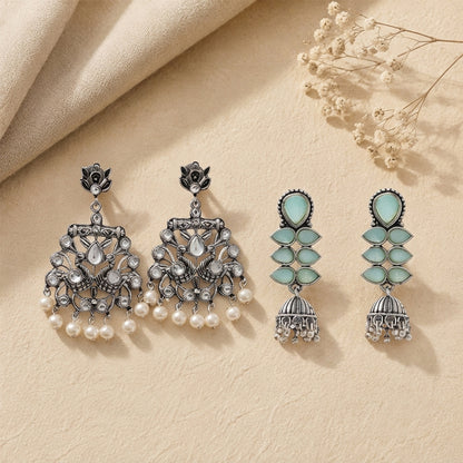 Peacock glow stone studded dangler earrings (White) Dazzle Dash Jhumki earring (Mint) Combo set
