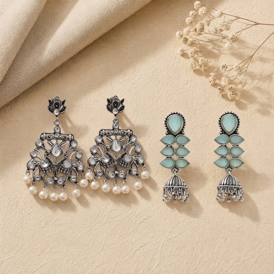 Peacock glow stone studded dangler earrings (White) Dazzle Dash Jhumki earring (Mint) Combo set