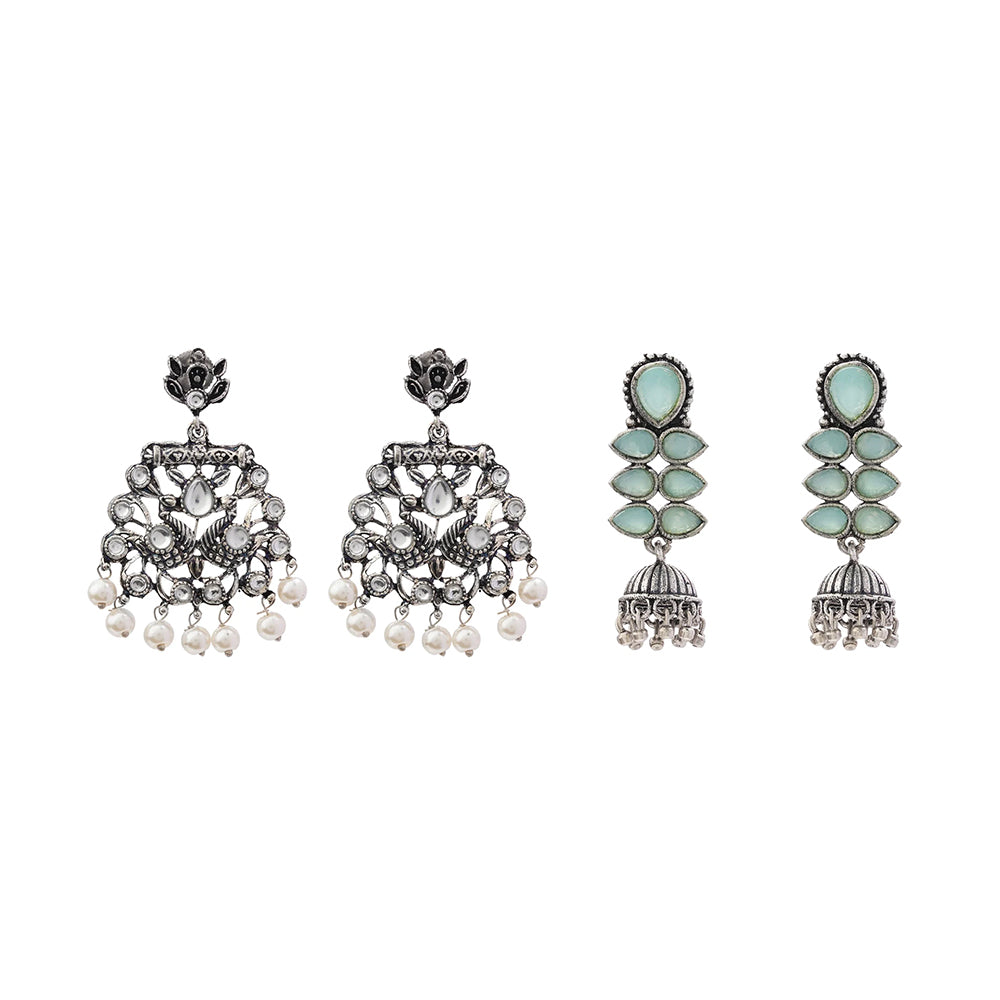 Peacock glow stone studded dangler earrings (White) Dazzle Dash Jhumki earring (Mint) Combo set
