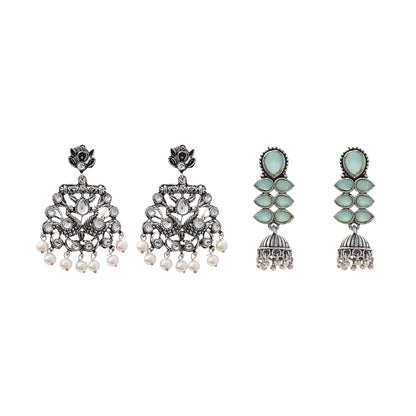 Peacock glow stone studded dangler earrings (White) Dazzle Dash Jhumki earring (Mint) Combo set