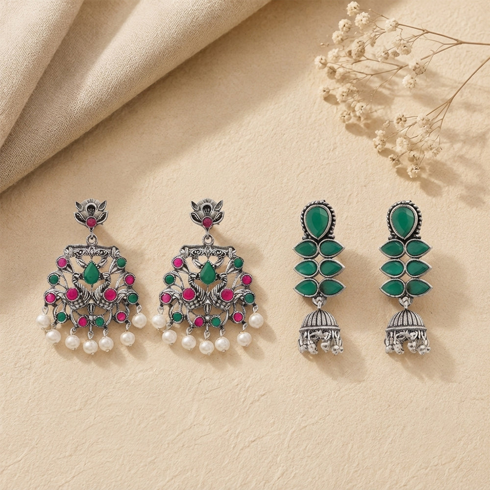 Peacock glow stone studded dangler earrings (Multicolored) Dazzle Dash Jhumki earring (Green) Combo set