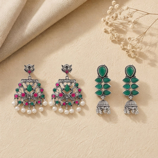 Peacock glow stone studded dangler earrings (Multicolored) Dazzle Dash Jhumki earring (Green) Combo set