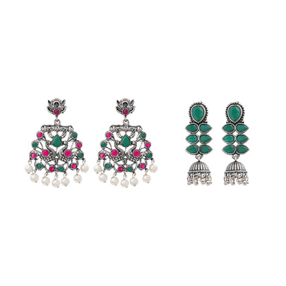 Peacock glow stone studded dangler earrings (Multicolored) Dazzle Dash Jhumki earring (Green) Combo set