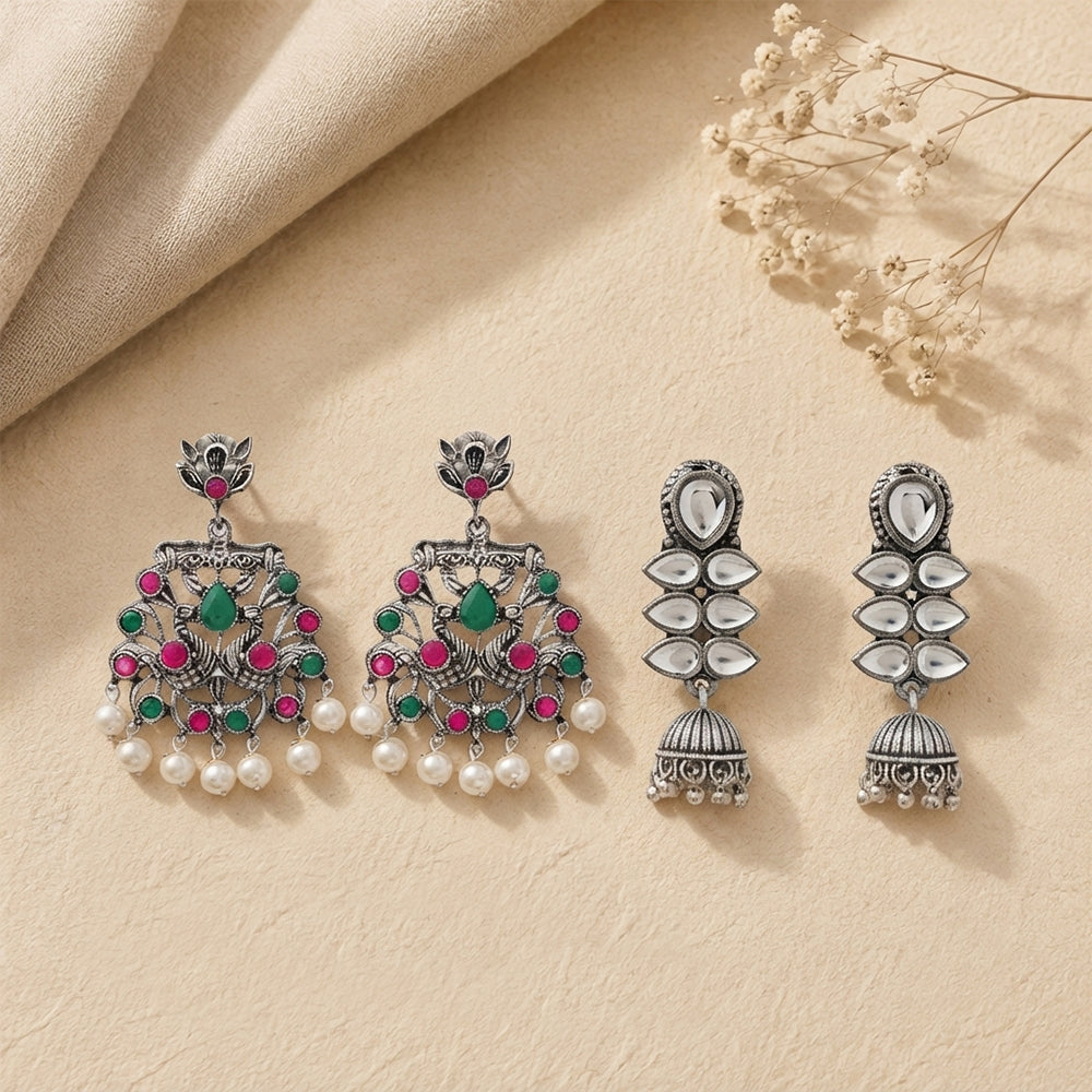 Peacock glow stone studded dangler earrings (Multicolored) Dazzle Dash Jhumki earring (White) Combo set