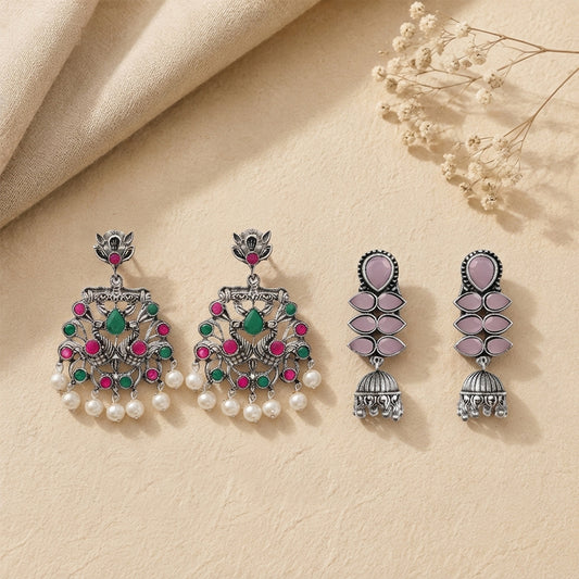 Peacock glow stone studded dangler earrings (Multicolored) Dazzle Dash Jhumki earring (Baby Pink) Combo set