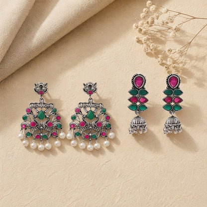 Peacock glow stone studded dangler earrings (Multicolored) Dazzle Dash Jhumki earring (Multicolored) Combo set