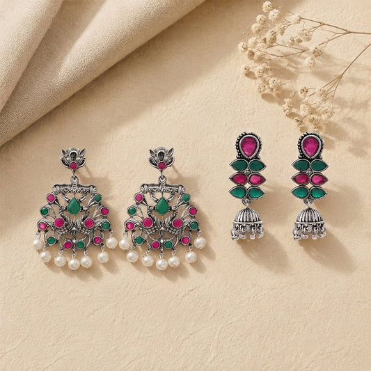 Peacock glow stone studded dangler earrings (Multicolored) Dazzle Dash Jhumki earring (Multicolored) Combo set
