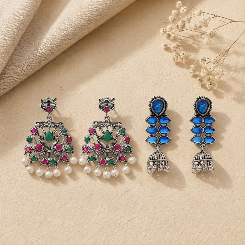 Peacock glow stone studded dangler earrings (Multicolored) Dazzle Dash Jhumki earring (Blue) Combo set