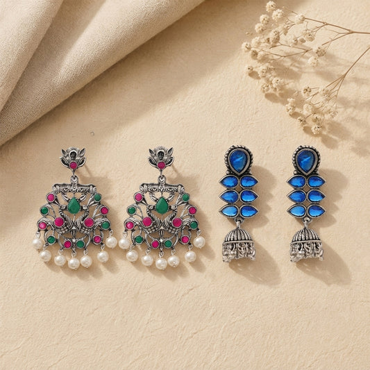 Peacock glow stone studded dangler earrings (Multicolored) Dazzle Dash Jhumki earring (Blue) Combo set