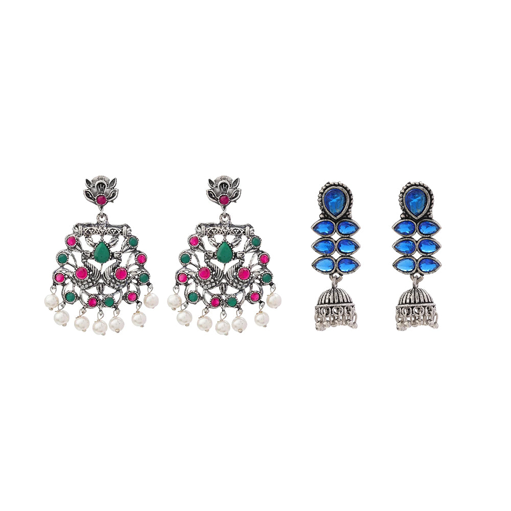 Peacock glow stone studded dangler earrings (Multicolored) Dazzle Dash Jhumki earring (Blue) Combo set