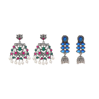 Peacock glow stone studded dangler earrings (Multicolored) Dazzle Dash Jhumki earring (Blue) Combo set
