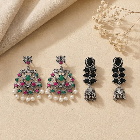 Peacock glow stone studded dangler earrings (Multicolored) Dazzle Dash Jhumki earring (Black) Combo set
